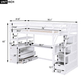 Twin Size Loft Bed with Desk and Shelves, Two Built-in Drawers, Storage Staircase, White