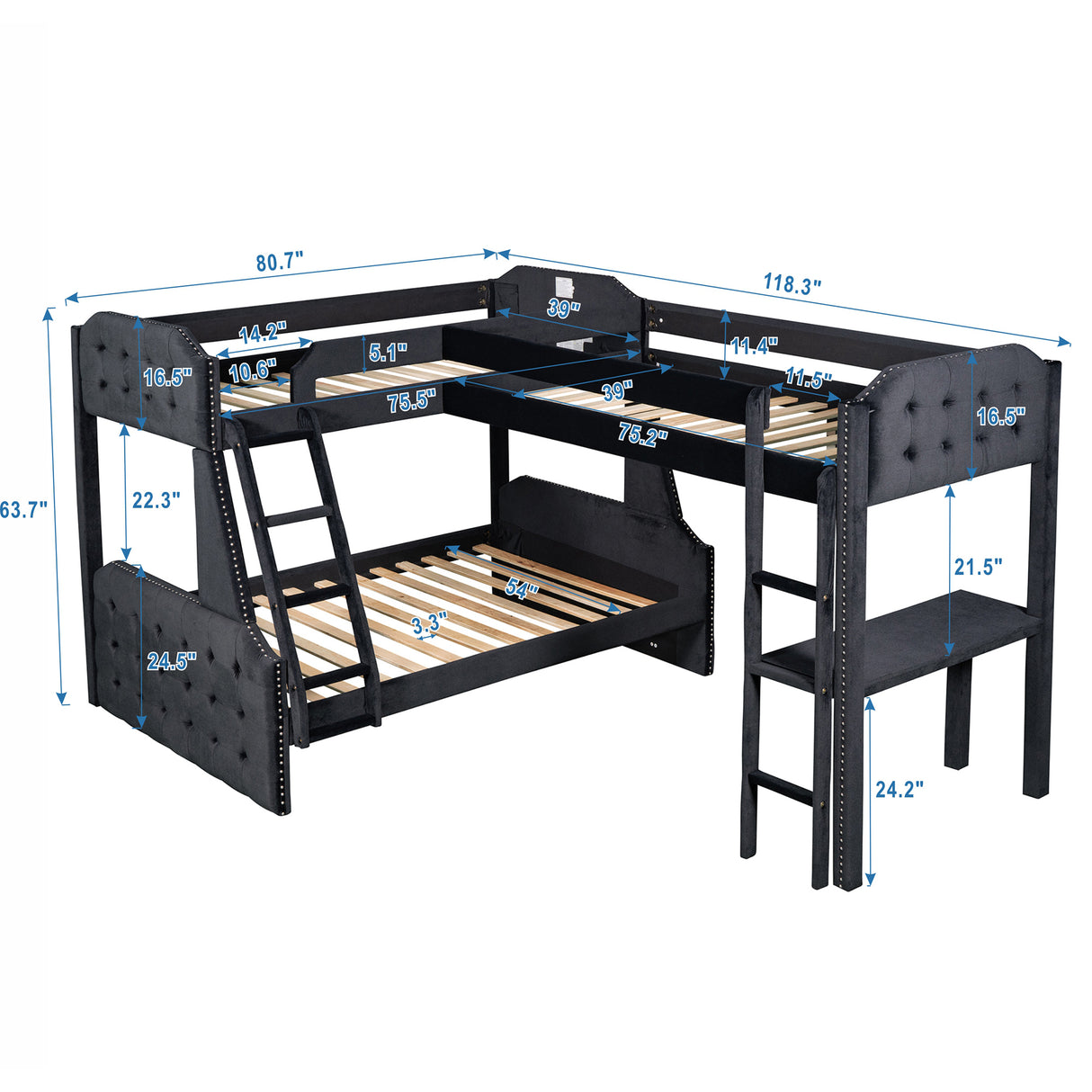 L-Shaped Twin over Full Bunk Bed and Twin Sie Loft Bed with Desk,Black - Home Elegance USA