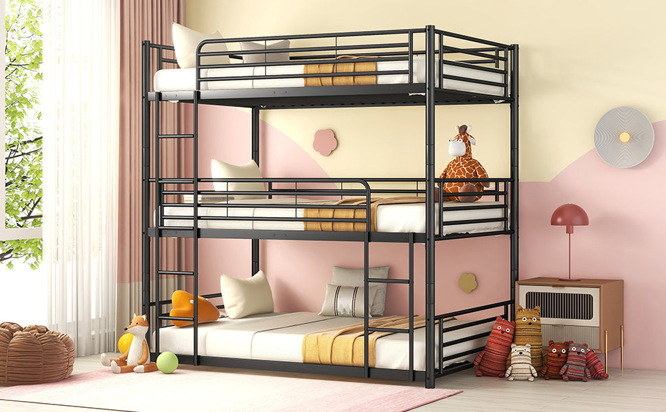 Full-Full-Full Metal  Triple Bed  with Built-in Ladder, Divided into Three Separate Beds,Black - Home Elegance USA