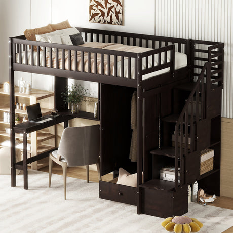 Twin size Loft Bed with Bookshelf,Drawers,Desk,and Wardrobe-Espresso - Home Elegance USA