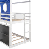 Twin over Twin House Bunk Bed with Blue Tent, Slide, Shelves and Blackboard, White - Home Elegance USA