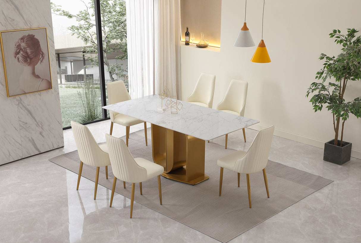 71" Contemporary Dining Table  Sintered Stone  U shape Pedestal Base in Gold finish with 6 pcs Chairs . - Home Elegance USA