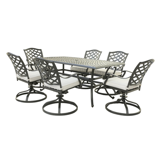 Aluminum 7 - Piece Rectangular Dining Set With 6 Swivel Rockers, Cast Silver - B010S00309 - Home Elegance USA - 1