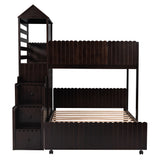 Stairway Twin Over Full Bunk Bed, House Bed with Two Shelves and Seven Drawers,Espresso - Home Elegance USA
