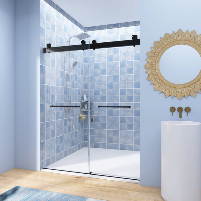 Frameless Double Sliding Shower, 69" - 72" Width, 79" Height, 3/8" (10 mm) Clear Tempered Glass, , Designed for Smooth Door with Clear Tempered Glass and Stainless Steel Hardware in Matte Black Finish