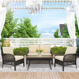 PE Rattan Wicker Patio Conversation Set 4-Pieces with Beige Cushions