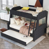 Twin over Full Upholstered Bunk Bed with Trundle and Ladder,Tufted Button Design,Black - Home Elegance USA