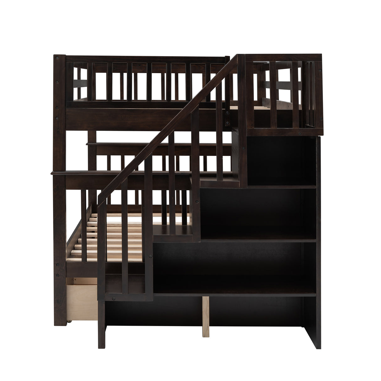 Stairway Full-Over-Full Bunk Bed with Drawer, Storage and Guard Rail for Bedroom, Espresso color( old sku: LP000310AAP ) - Home Elegance USA