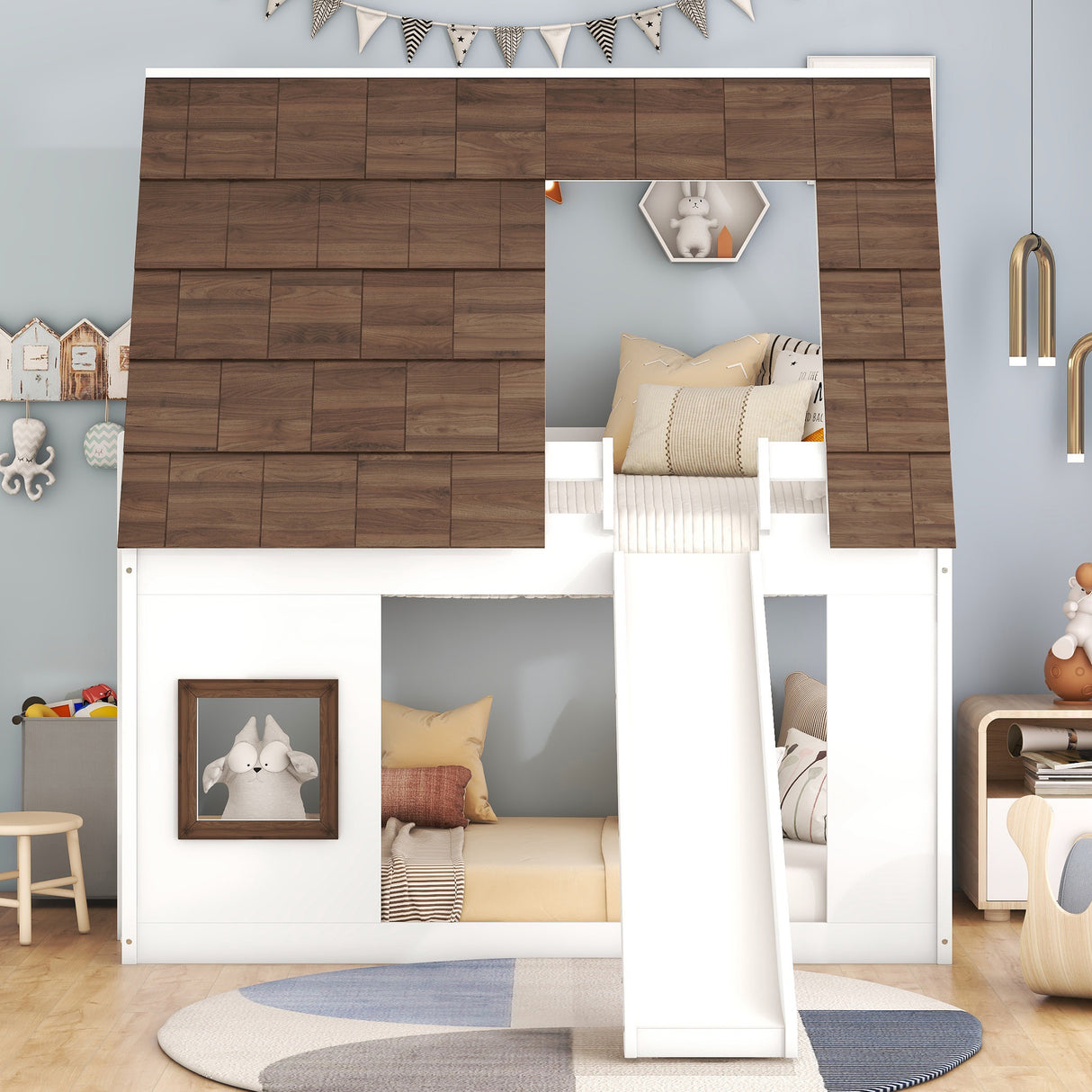 Wood Twin Size House Bunk Bed with Roof, Ladder and Slide, White+Brown