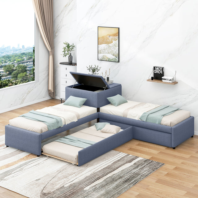 L-shaped Upholstered Platform Bed with Trundle and Two Drawers Linked with built-in Desk,Twin,Gray - Home Elegance USA