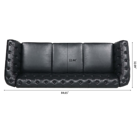 84.65" BLACK PU Rolled Arm Chesterfield Three Seater Sofa. - Stationary Sofas - W68035340 - image - 10