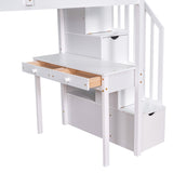 Twin size Loft Bed with Storage Drawers ,Desk and Stairs, Wooden Loft Bed with Shelves - White - Home Elegance USA