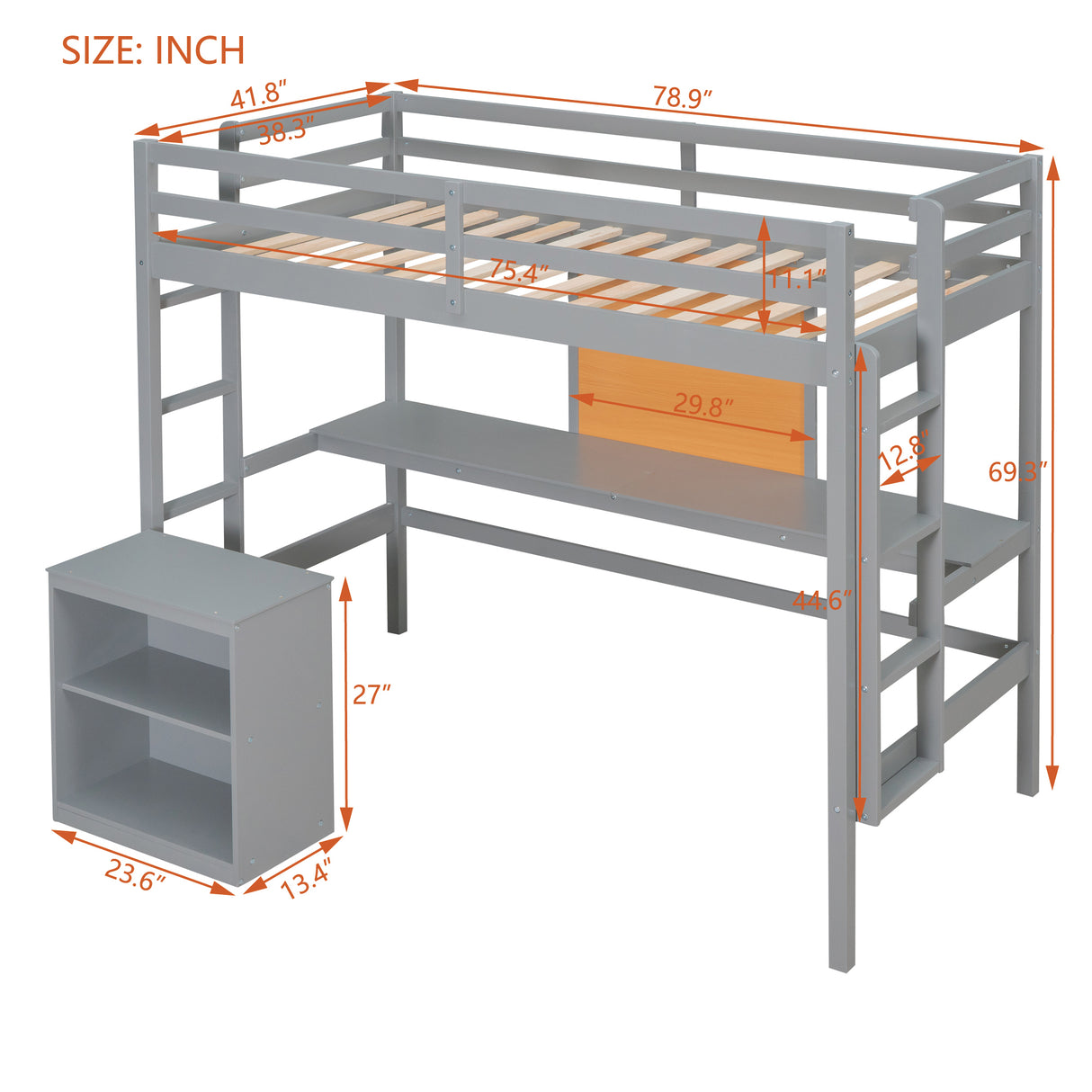 Twin size Loft Bed with Desk and Writing Board, Wooden Loft Bed with Desk & 2 Drawers Cabinet- Gray - Home Elegance USA