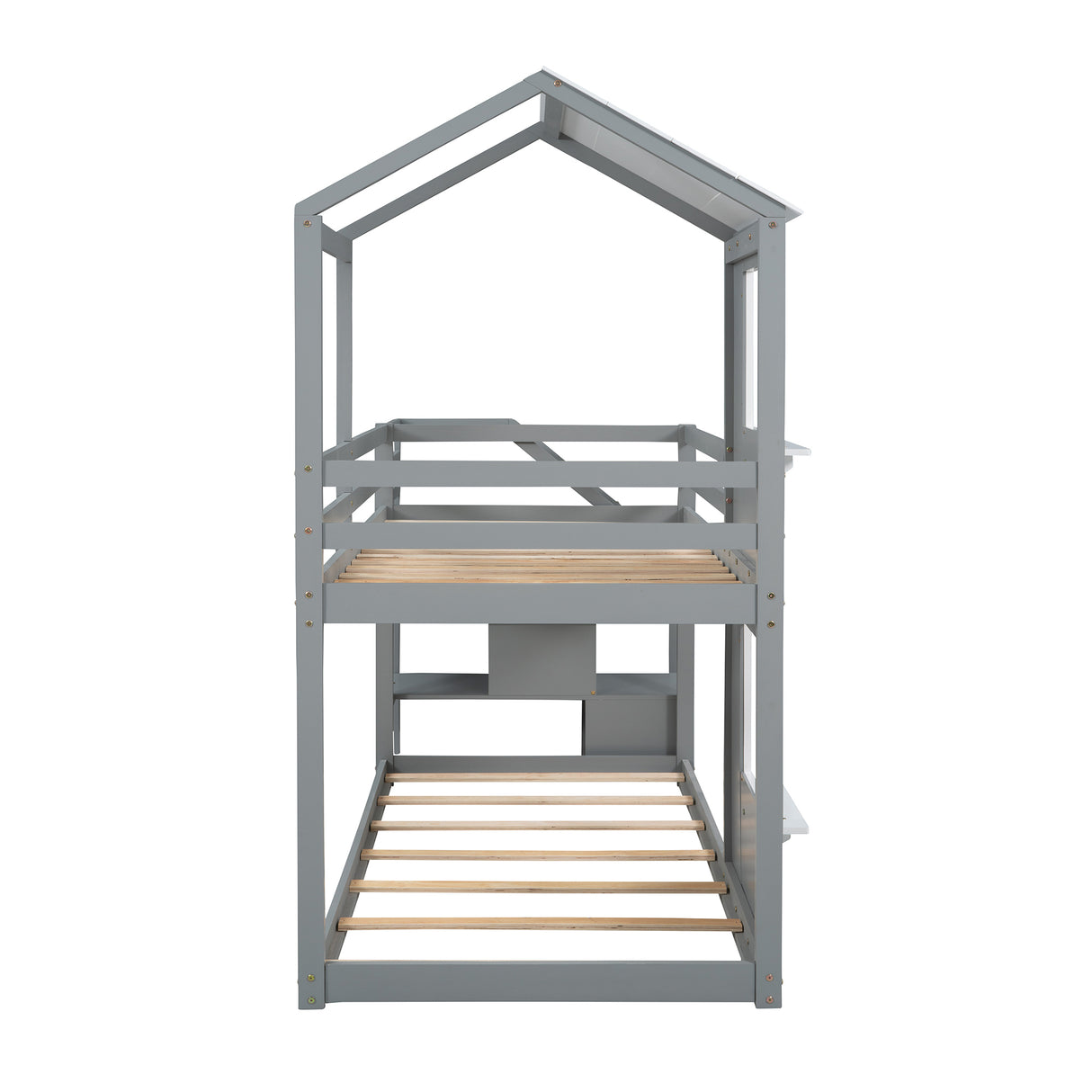 Twin Over Twin Bunk Bed with Storage Stairs,Wood Bed with Roof, Window, Guardrail, Ladder，Gray+White - Home Elegance USA