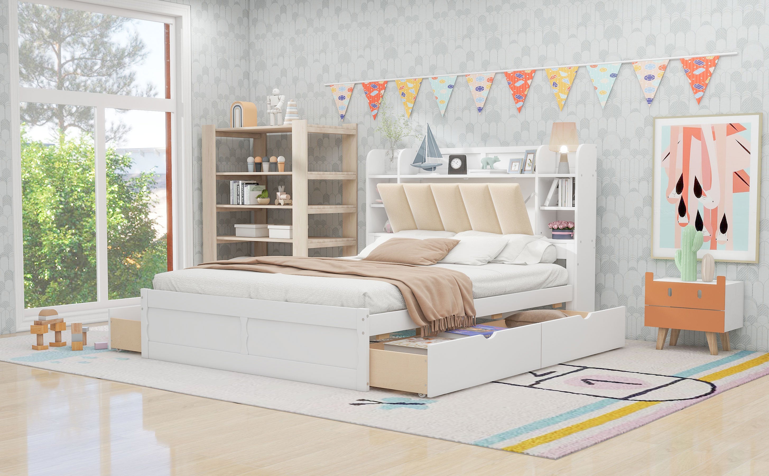 White bed online with shelf headboard