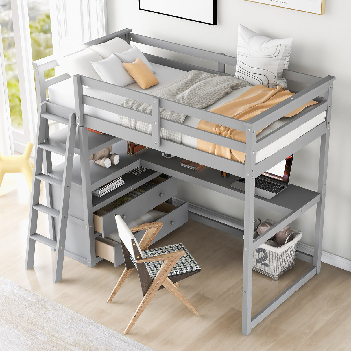 Twin Size Loft Bed with Desk and Shelves, Two Built-in Drawers, Gray(old SKU: GX000803AAE-1） - Home Elegance USA