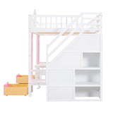 Full-Over-Full Bunk Bed with Changeable Table , Bunk Bed Turn into Upper Bed and Down Desk - Pink - Home Elegance USA