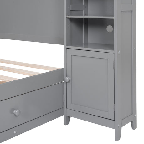 Full Size Wooden Bed With All-in-One Cabinet and Shelf, Gray - Home Elegance USA