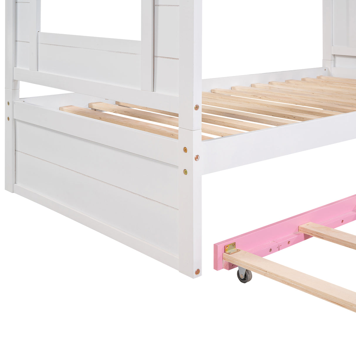 Twin Over Twin Bunk Bed with Trundle ,Stairs,Ladders Solid Wood Bunk bed with Storage Cabinet （White + Pink） - Home Elegance USA