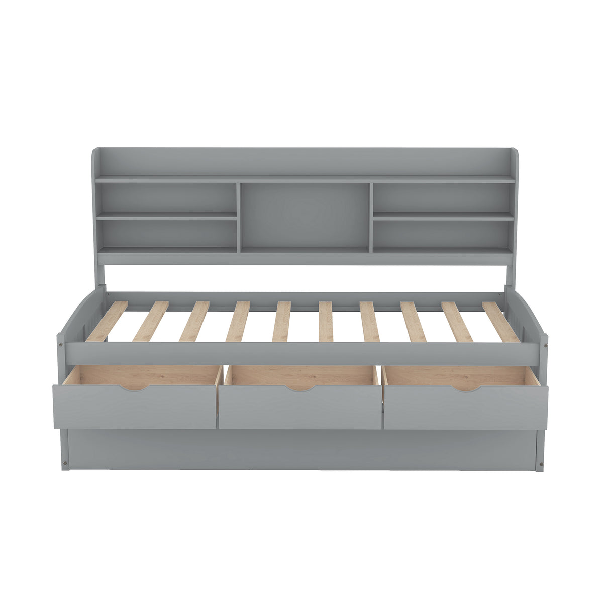 Twin Size Wooden Captain Bed with Built-in Bookshelves,Three Storage Drawers and Trundle,Light Grey - Home Elegance USA