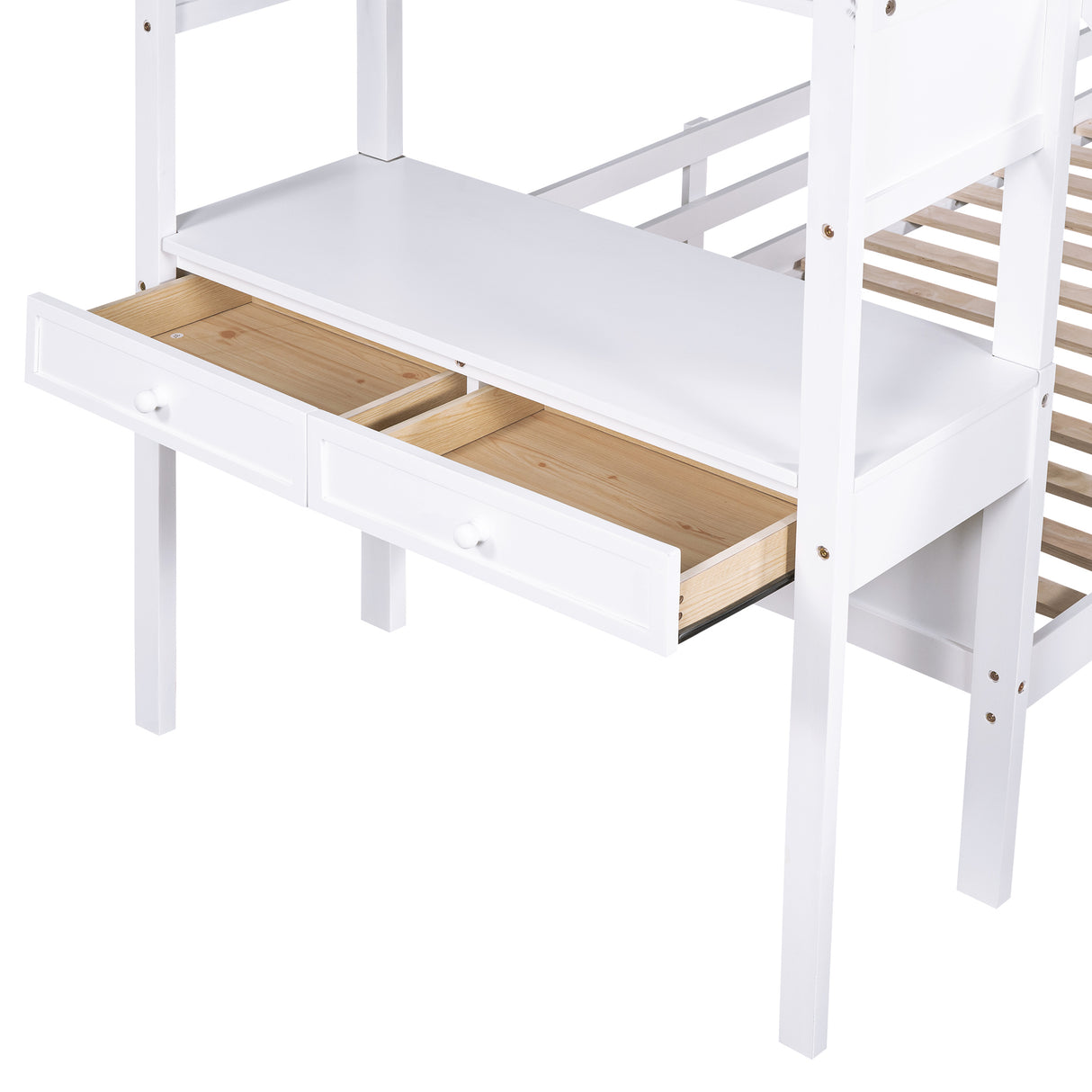 Twin over Twin Bunk Bed with Storage Staircase, Slide and Drawers, Desk with Drawers and Shelves, White - Home Elegance USA