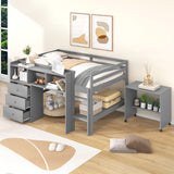 Full Size Low Loft Bed with Rolling Portable Desk, Drawers and Shelves,  Gray - Home Elegance USA