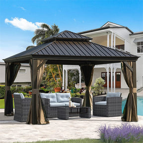 Brown 12'x12' Hardtop Gazebo: Aluminum Frame, Galvanized Steel Double Roof, Curtains, Netting - Perfect for Patio, Backyard, Lawn