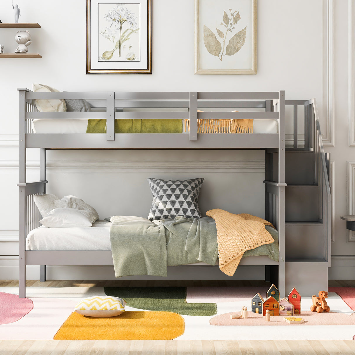 Stairway Twin-Over-Twin Bunk Bed with Storage and Guard Rail for Bedroom, Dorm, Gray color(OLD SKU :LP000109AAE) - Home Elegance USA