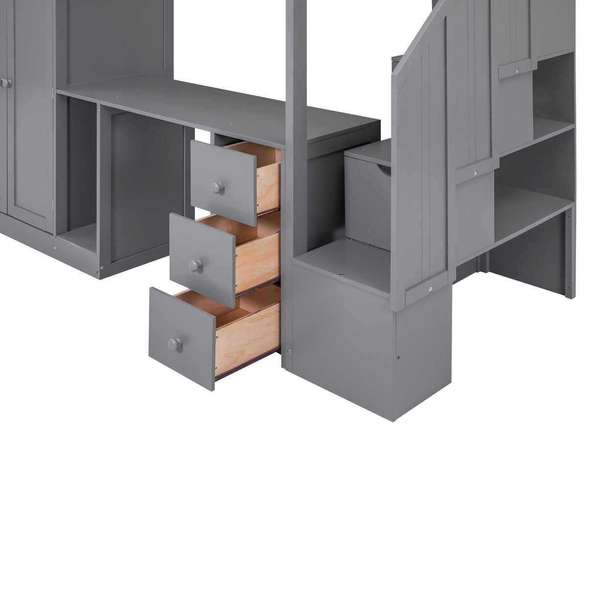 Twin Size Loft Bed with Wardrobe and Staircase, Desk and Storage Drawers and Cabinet in 1,Gray - Home Elegance USA