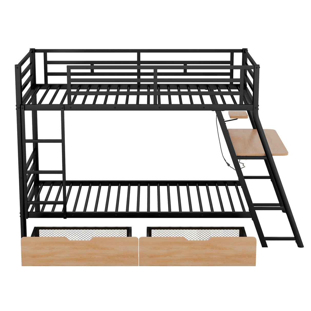 Twin Size Metal Bunk Bed with Built-in Desk, Light and 2 Drawers, Black(Expected Arrival Time: 9.18)