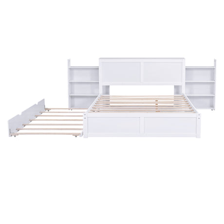 Queen Size Storage Platform Bed with Pull Out Shelves and Twin  XL Size Trundle, White - Home Elegance USA