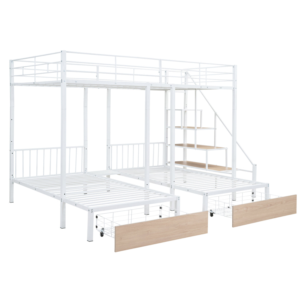 Full over Twin-Twin Triple bunk bed with drawers and staircase, White