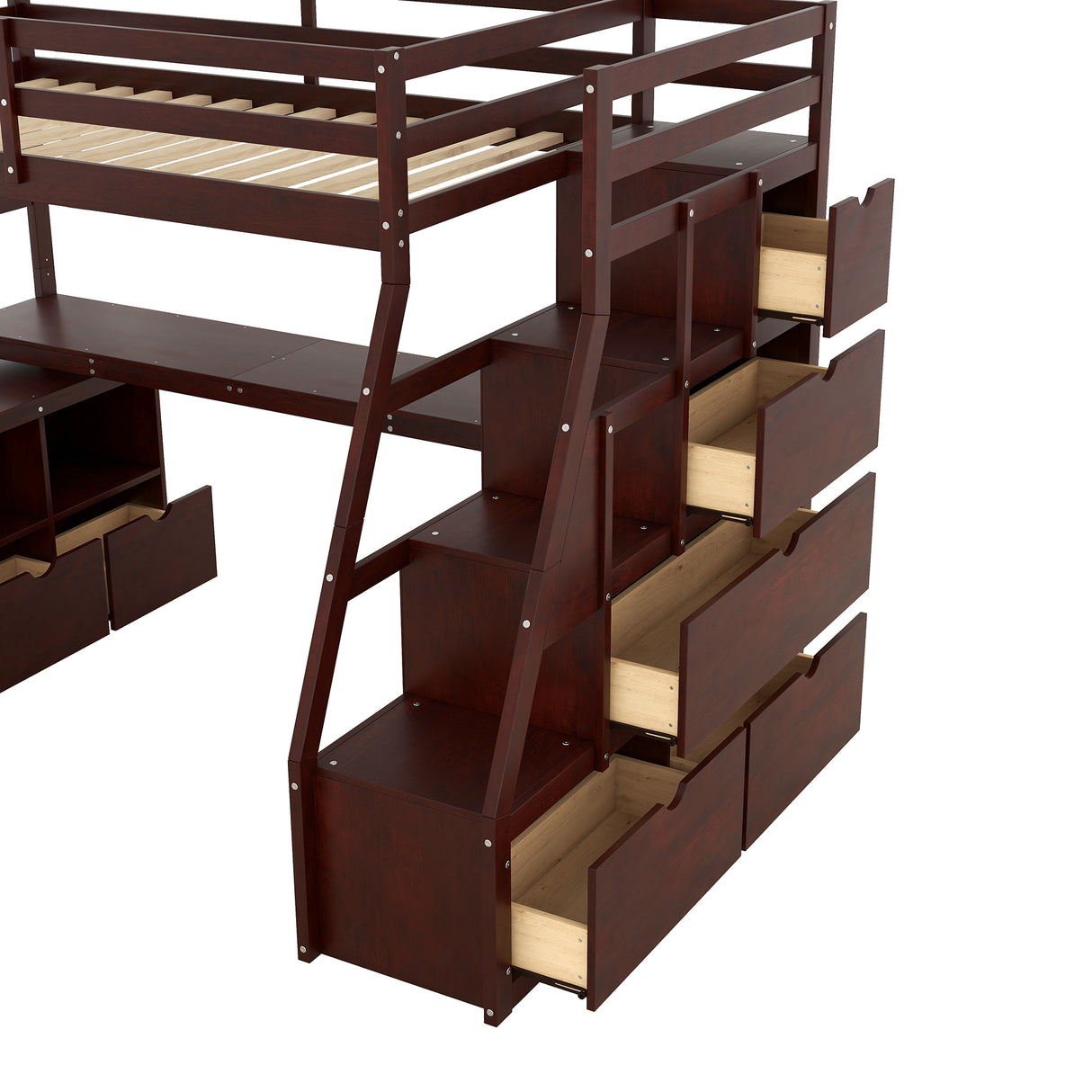 Twin Size Loft Bed with with 7 Drawers 2 Shelves and Desk - Espresso - Home Elegance USA