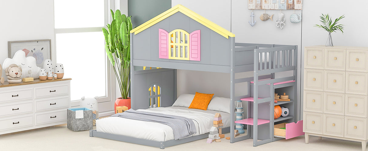 Twin over Full House Bunk Bed with Pink Staircase and Drawer,  Shelves Under the Staircase, House Shaped Bed with Windows, Gray - Home Elegance USA