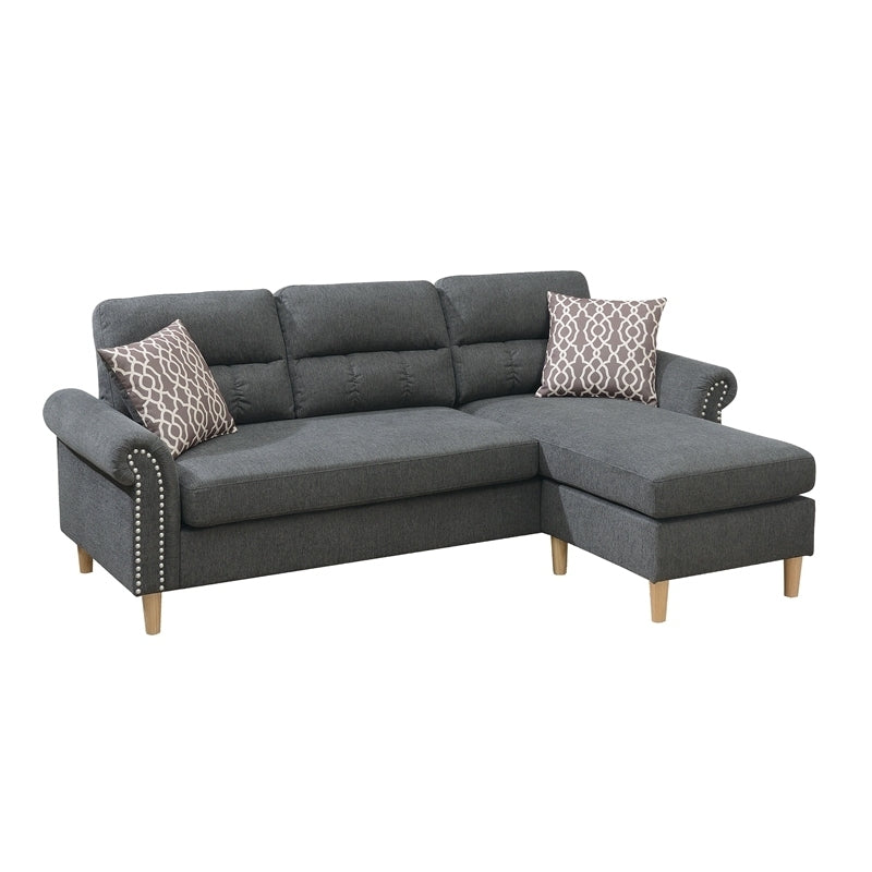 Slate Color Polyfiber Reversible Sectional Sofa Set Chaise Pillows Plush Cushion Couch Nailheads - Home Elegance USA