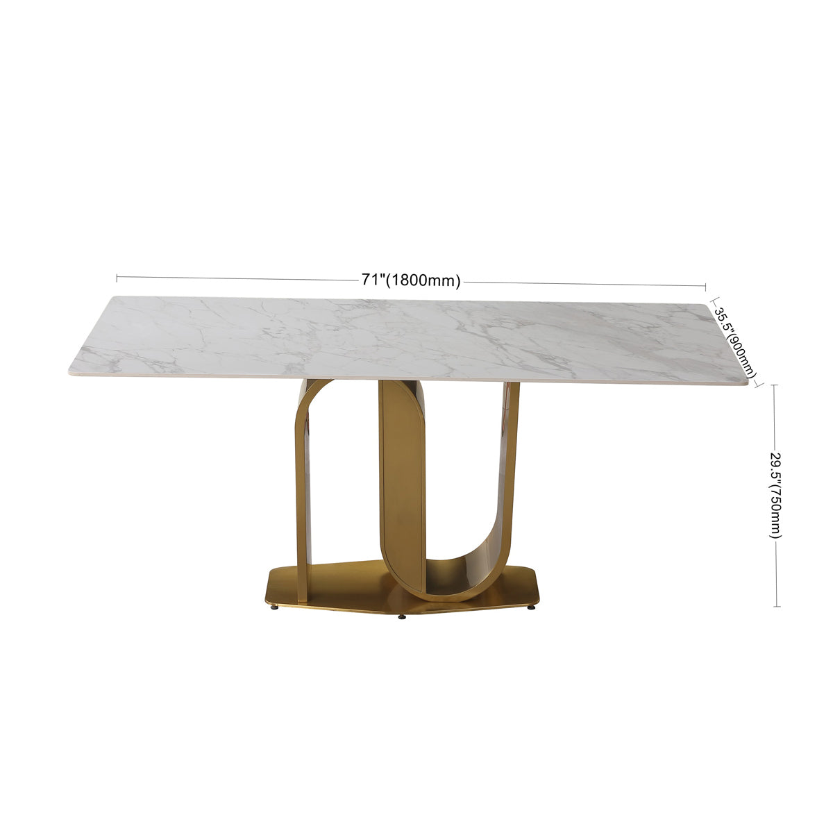 71" Contemporary Dining Table in Gold with Sintered Stone Top and  U shape Pedestal Base in Gold finish - Home Elegance USA
