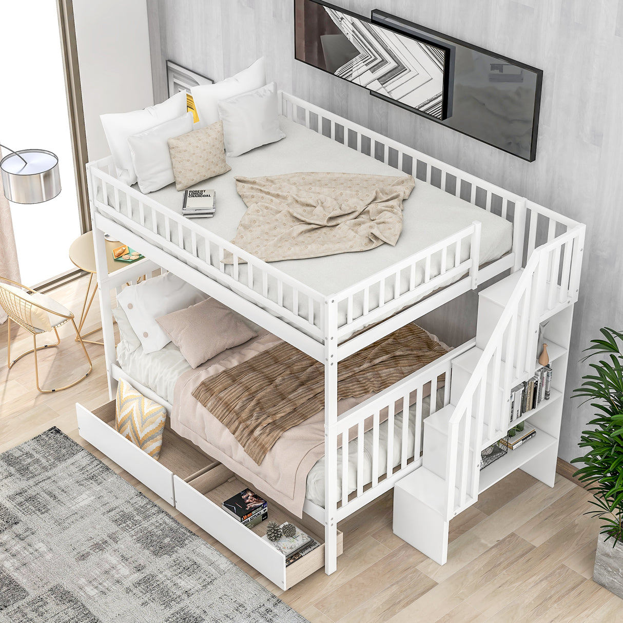 Full over Full Bunk Bed with Two Drawers and Storage, White - Home Elegance USA