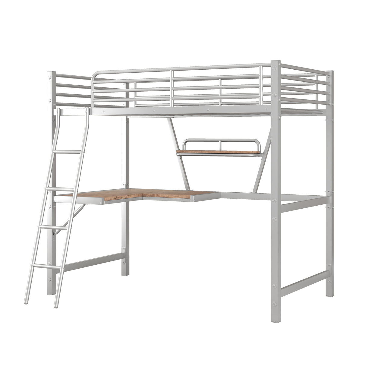 Twin Size Loft Metal&MDF Bed with Desk and Shelf, Silver (Old SKU:SM001105AAN-1) - Home Elegance USA