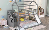 Twin over Full House Bunk Bed with Convertible Slide and Storage Staircase,Full-Length Guardrail,Gray - Home Elegance USA