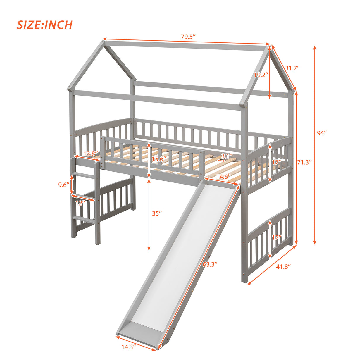Twin Loft Bed with Slide, House Bed with Slide,White(OLD SKU :LT000212AAE) - Home Elegance USA