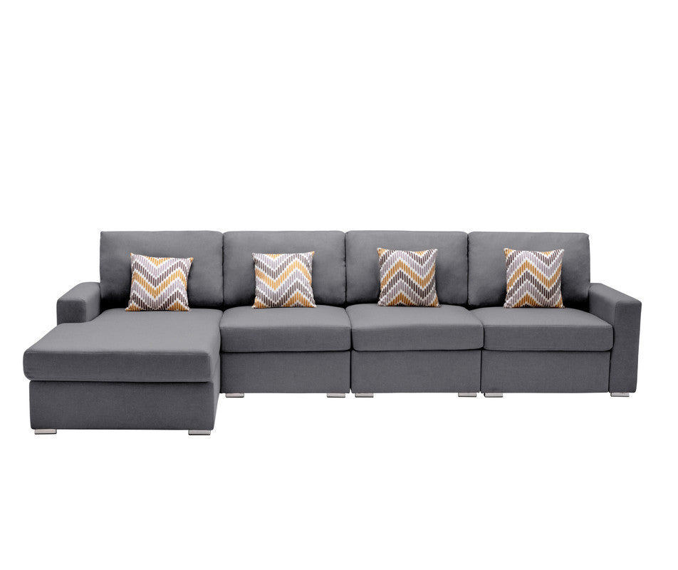 Nolan Gray Linen Fabric 4Pc Reversible Sectional Sofa Chaise with Pillows and Interchangeable Legs - Home Elegance USA