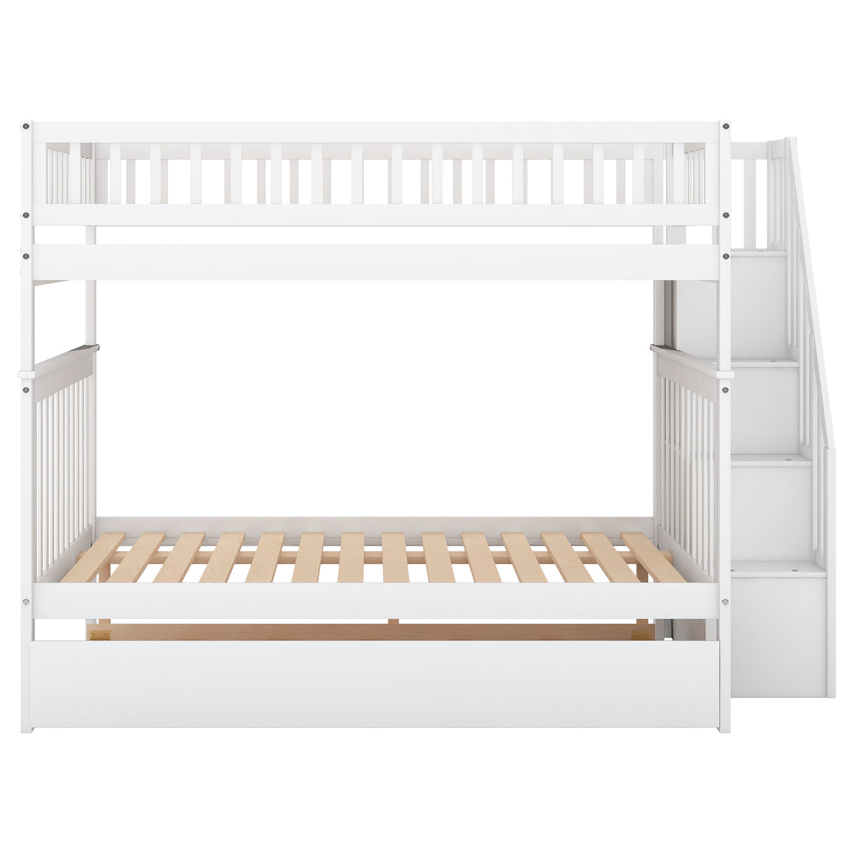 Full over Full Bunk Bed with Trundle and Staircase,White - Home Elegance USA