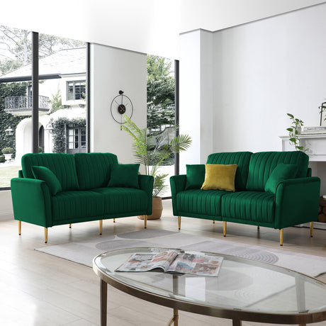 Green Velvet Couch and Sofa Set for Living Room, 2 Piece Modern 2 seat Sofas Set , Furniture Sofa Set with Removable Cushions，Free throw pillow. Home Elegance USA