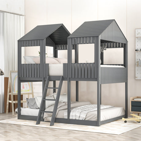 Full Over Full WoodBunk Bed with Roof, Window, Guardrail, Ladder (Gray)( old sku: LP000031AAN ) - Home Elegance USA