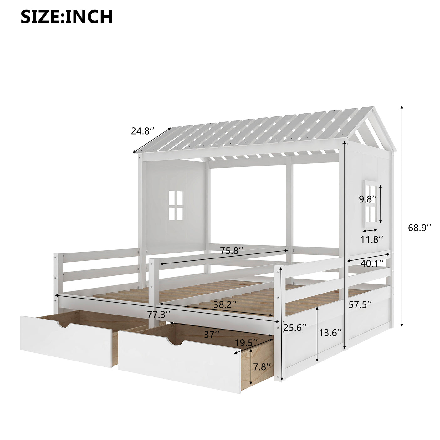 Twin Size House Platform Beds with Two Drawers for Boy and Girl Shared Beds, Combination of 2 Side by Side Twin Size Beds, White - Home Elegance USA