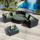 GO 7-piece Outdoor Wicker Sofa Set, Rattan Sofa Lounger, With Striped Green Pillows, Conversation Sofa, For Patio, Garden, Deck, Black Wicker, Gray Cushion