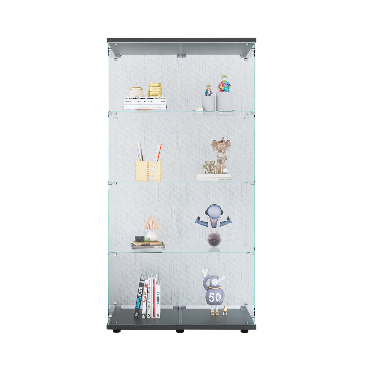 Two-door Glass Display Cabinet 4 Shelves with Door, Floor Standing Curio Bookshelf for Living Room Bedroom Office,  64.7"*31.7"*14.3",Black Home Elegance USA