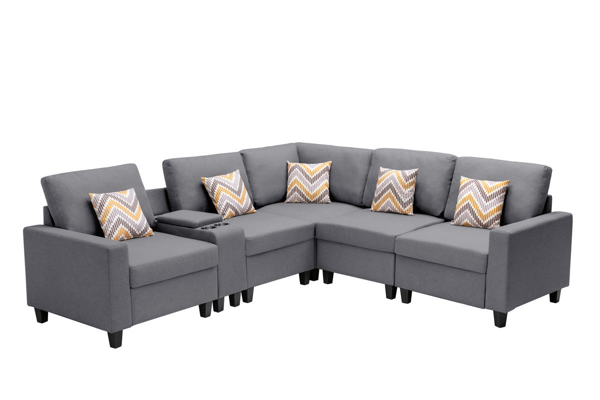 Nolan Gray Linen Fabric 6Pc Reversible Sectional Sofa with a USB, Charging Ports, Cupholders, Storage Console Table and Pillows and Interchangeable Legs - Home Elegance USA