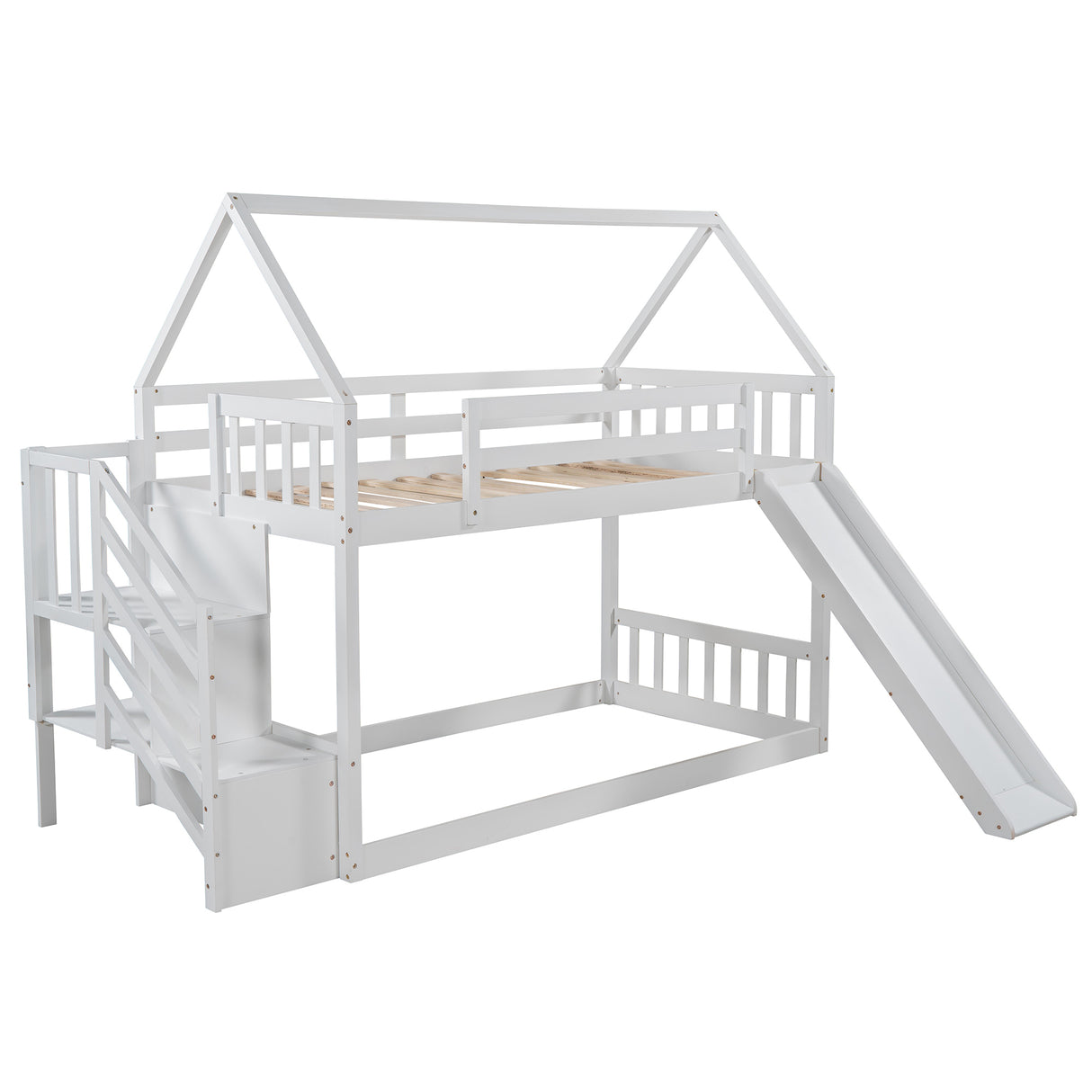 Twin over Twin House Bunk Bed with Slide and Storage Staircase,White - Home Elegance USA