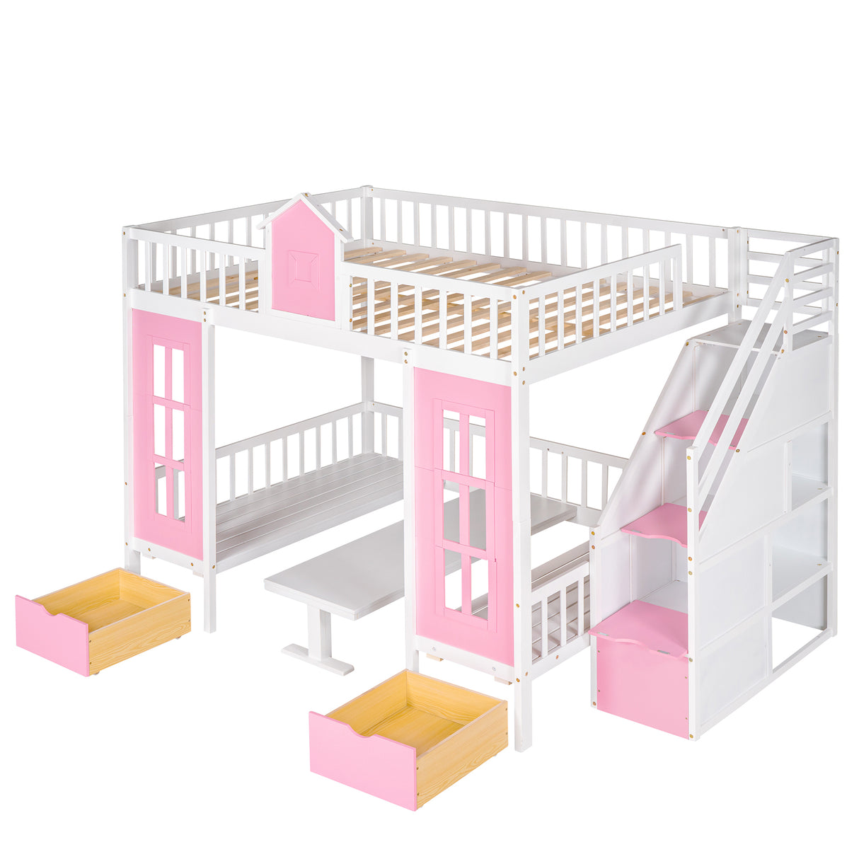 Full-Over-Full Bunk Bed with Changeable Table , Bunk Bed Turn into Upper Bed and Down Desk - Pink - Home Elegance USA